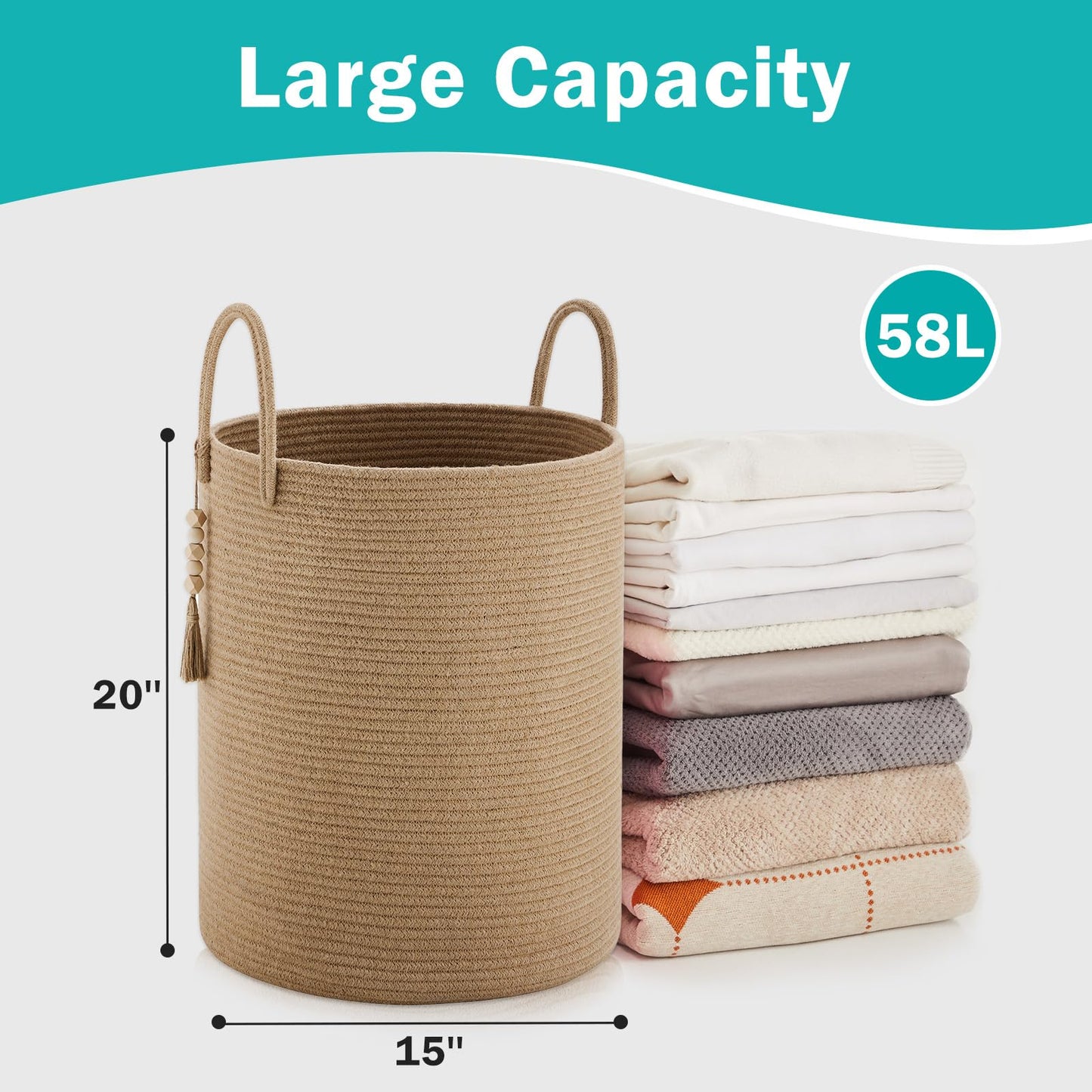 YOUDENOVA Jute Rope Laundry Hamper Basket, 58L Tall Woven Collapsible Baskets for Blanket Organizing Clothes Hamper for Laundry Bedroom Storage