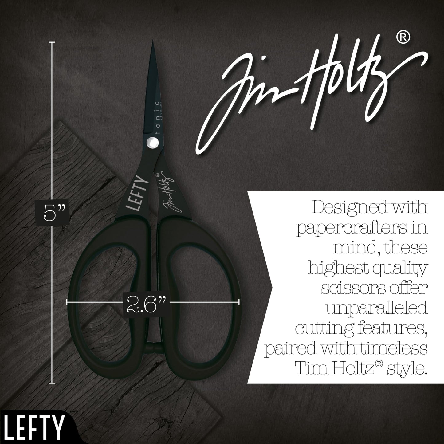 Tim Holtz Left Handed Scissors - 5 Inch Mini Snips with Micro Serrated Blade - Lefty Craft Tool for Cutting Paper, Fabric, and Sewing - Titanium with Black Comfort Grip Handles