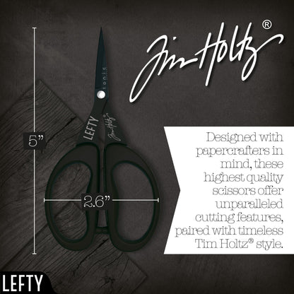 Tim Holtz Left Handed Scissors - 5 Inch Mini Snips with Micro Serrated Blade - Lefty Craft Tool for Cutting Paper, Fabric, and Sewing - Titanium with Black Comfort Grip Handles