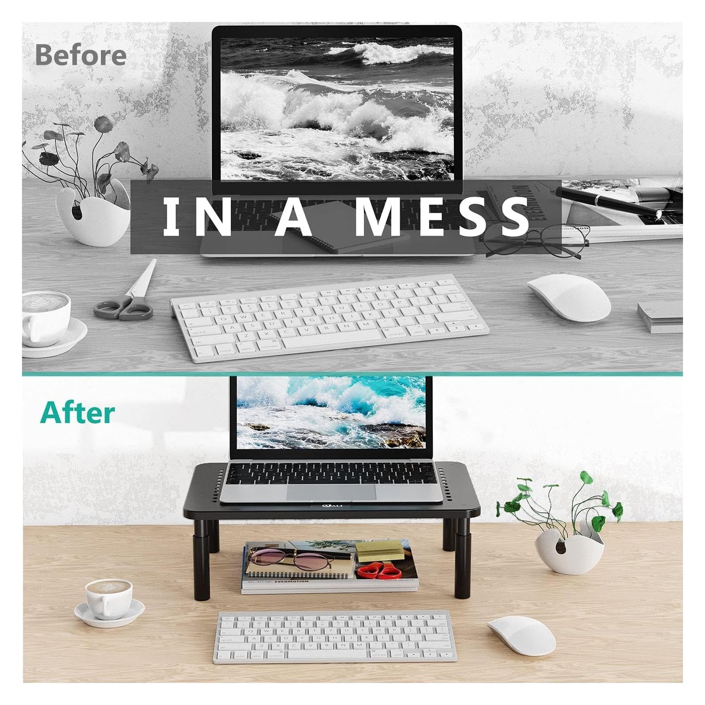 WALI Computer Monitor Stand for Desk, Adjustable Laptop Riser, Desk Monitor Stand Underneath Storage for Office, Home, School Supplies (STT003), 1 Pack, Black