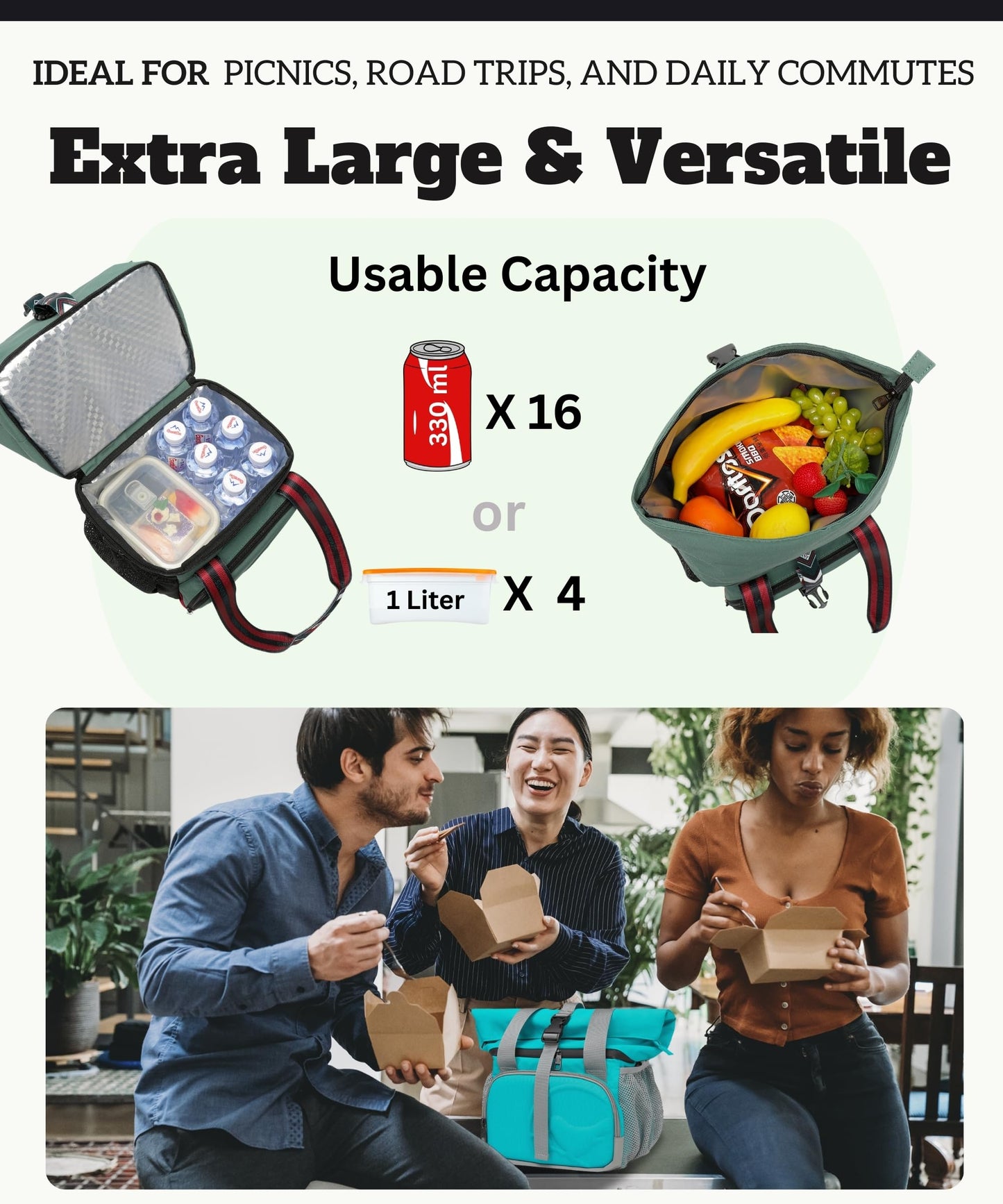 SUNNY BIRD Dual Compartment Lunch Bag Insulated Lunch Box for Women and Men (Green with boho strap)