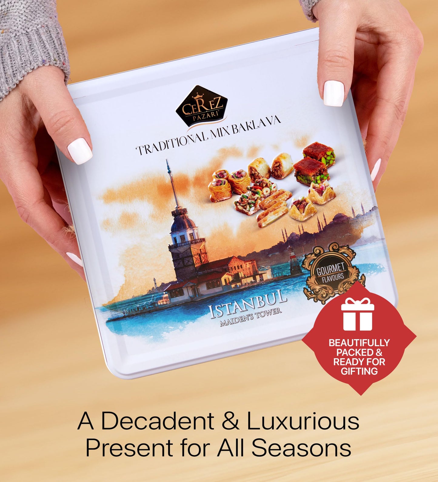 Cerez Pazari Baklava Pastry Gift Set - Turkish Baklava Pastry With Nuts & Spices - Baklava Gift Box From Turkey - Pastry, Halal Snacks - Assorted 45-48 Pieces Per Metal Dessert Box - 1.32 lbs