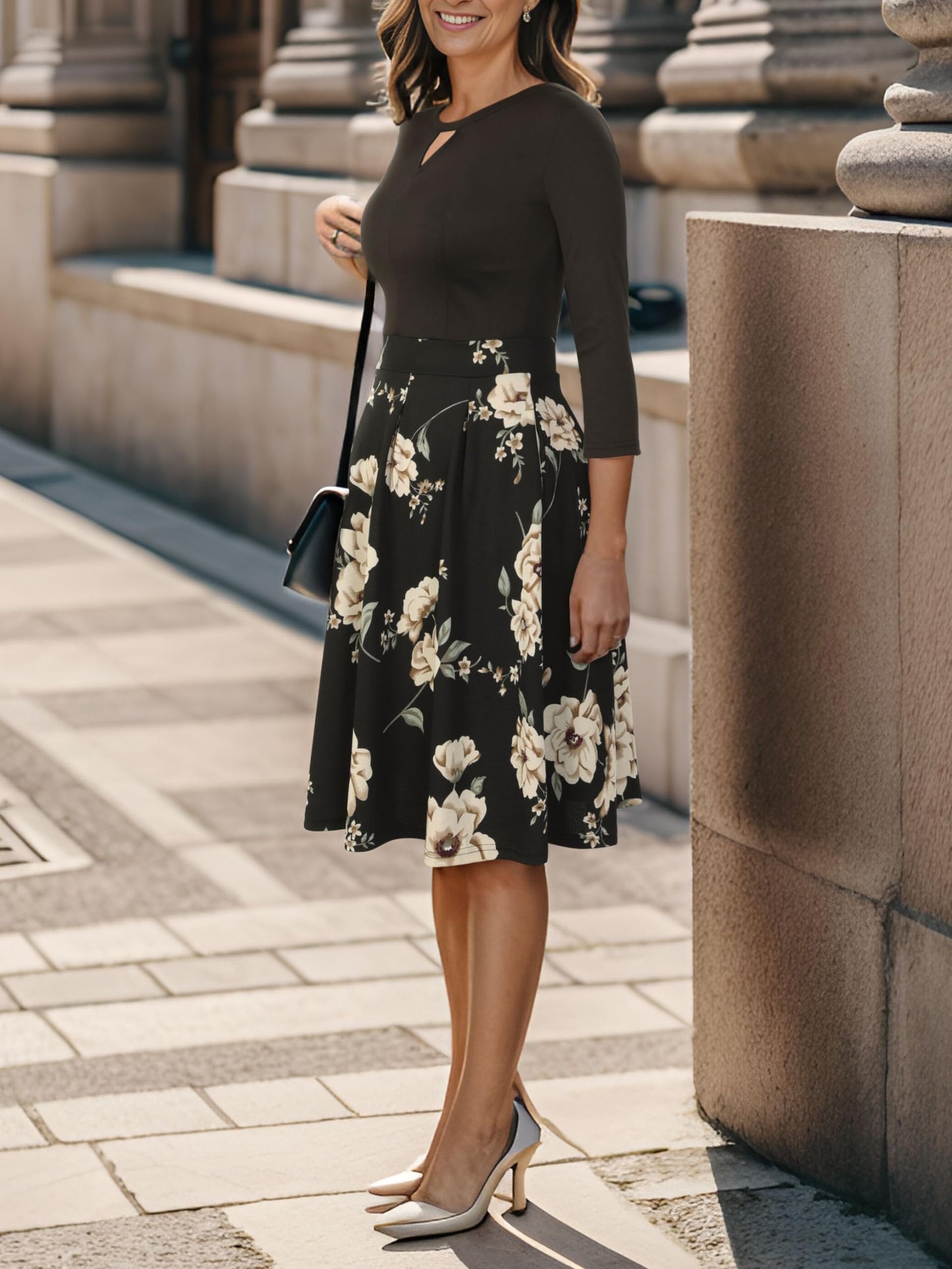 YATHON Women's Vintage Floral Flared A-Line Swing Casual Party Dresses with Pockets (YT018-Black Khaki 02-3/4, l)