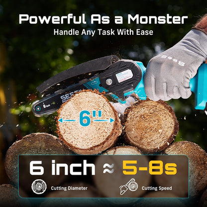 Seesii Mini Chainsaw, 6-inch Mini Chainsaw Cordless, Handheld Electric Power Chain Saw with 2 Batteries, for Tree Trimming Wood Cutting, Best Gifts for Father, Dad, Husband, Men
