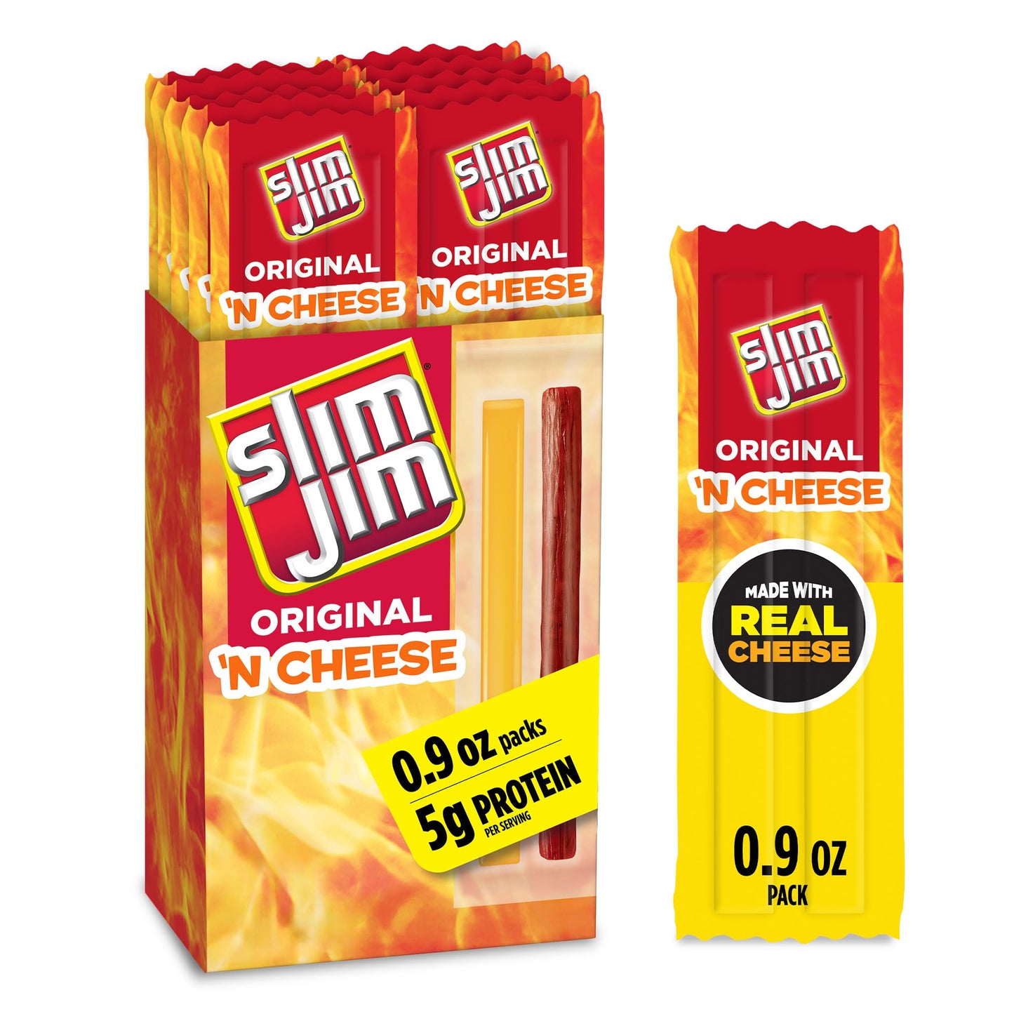 Slim Jim Beef 'N Cheese Smoked Meat Sticks, Original Flavor, 5g Protein Per Serving, Snack Size, Lunchbox Snack, 0.9 oz. (10 Count)