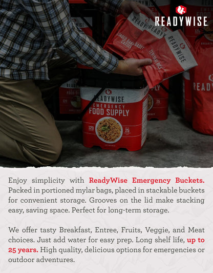 ReadyWise Prepper Pack Bucket - 52 Servings Emergency Food Supply, Survival Kit, Protein Meals, Dehydrated & Freeze Dried Food, Ready to Eat Camping Essentials, up to 25 Year Shelf Stable Life