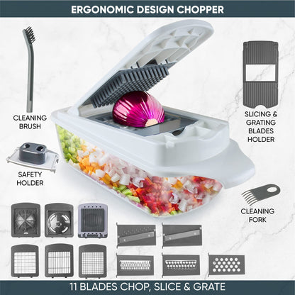 RüK Vegetable Chopper Slicer Onion Dicer, Multi 22-in-1 Veggie Mandoline Food Cutter for Tomato Fruit with Lemon Squeezer, E-Recipe, 11 Blades, Egg Separator & Slicer, Container