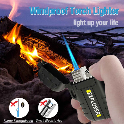 Waterproof Butane Torch Lighter Refillable Windproof Jet Flame Lighters for Fireplace Fireworks Grill Camping BBQ Lighter, Black(Without Gas)