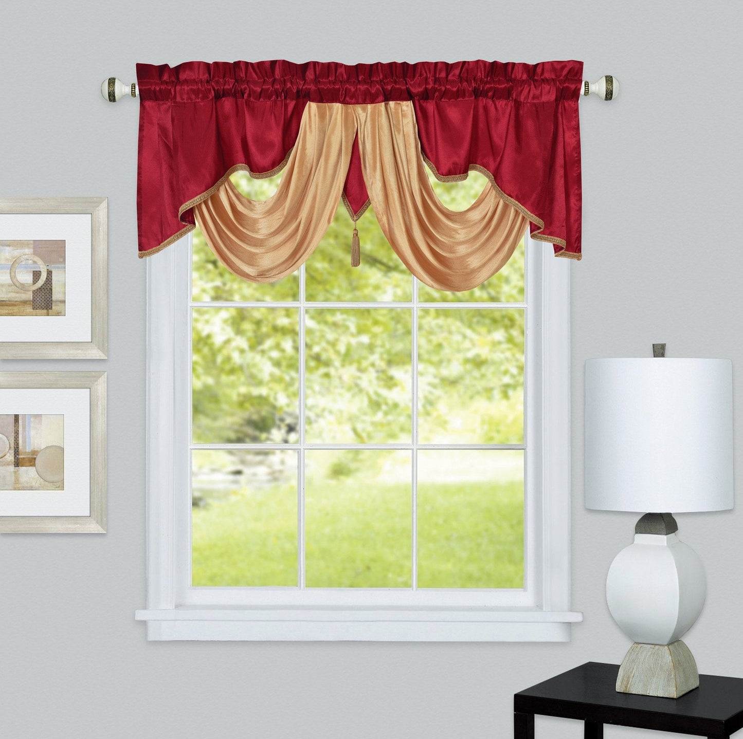 Valarie Fancy Window Valance. 54 x 18 inches. Taffeta Fabric with Soft Satin Swag. Add Some Royal luxruy Accent to Your Home. (Burgundy)