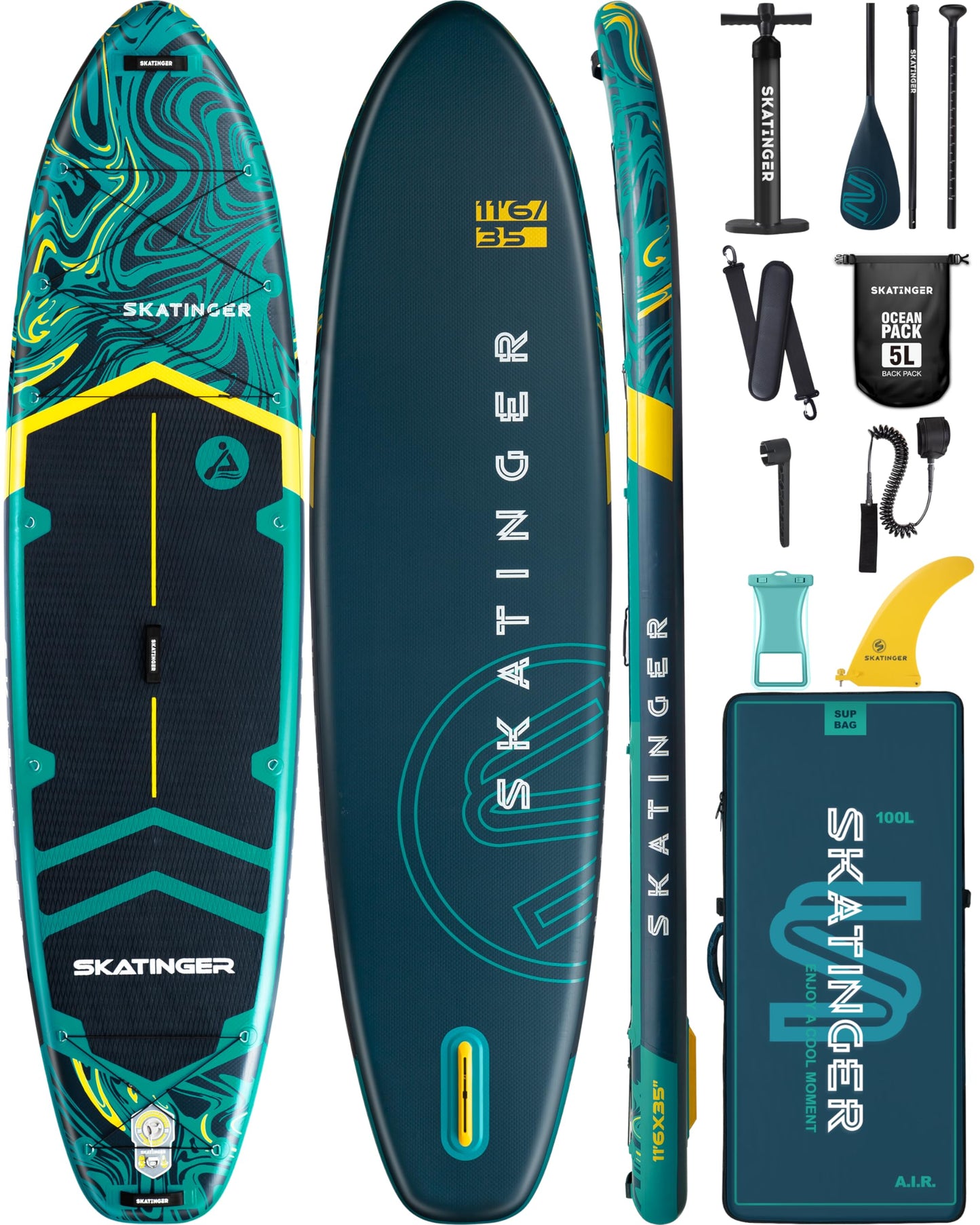 Skatinger 11'6×35" Super Wide Inflatable Paddle Board, Ultra Stable Stand Up Paddleboards for 450lb/3 People/Family/Big Size w/Shoulder Strap, 100L Backpack, All-Round Sup Board, US Fin