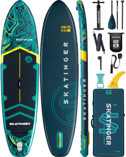 Skatinger 11'6×35" Super Wide Inflatable Paddle Board, Ultra Stable Stand Up Paddleboards for 450lb/3 People/Family/Big Size w/Shoulder Strap, 100L Backpack, All-Round Sup Board, US Fin