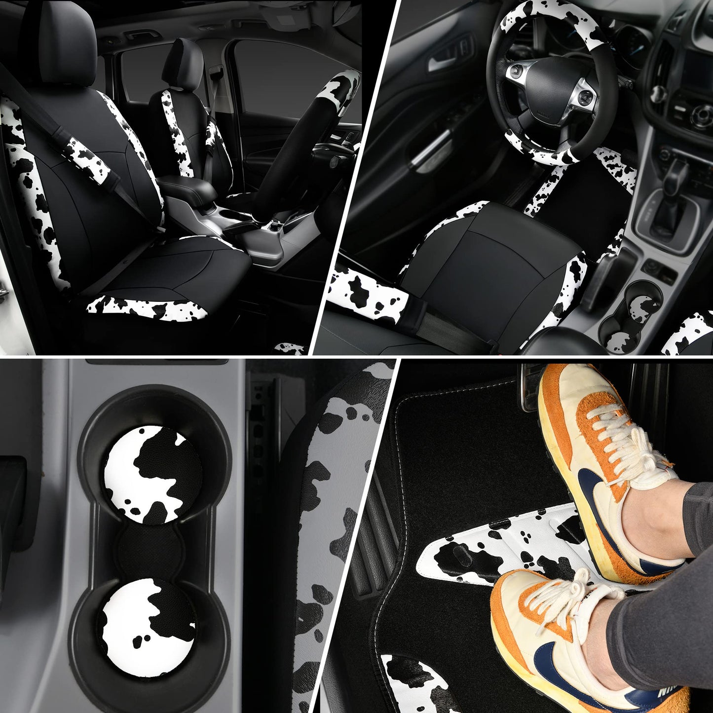 CAR-PASS Cow Print Car Accessories Sets Faux Leather Car Seat Covers & Cow Car Mats & Cow Steering Wheel Cover Seat Belt Pads Universal fit for SUV,Van,Saden,Truck Cute Automobile Interior Sets Women