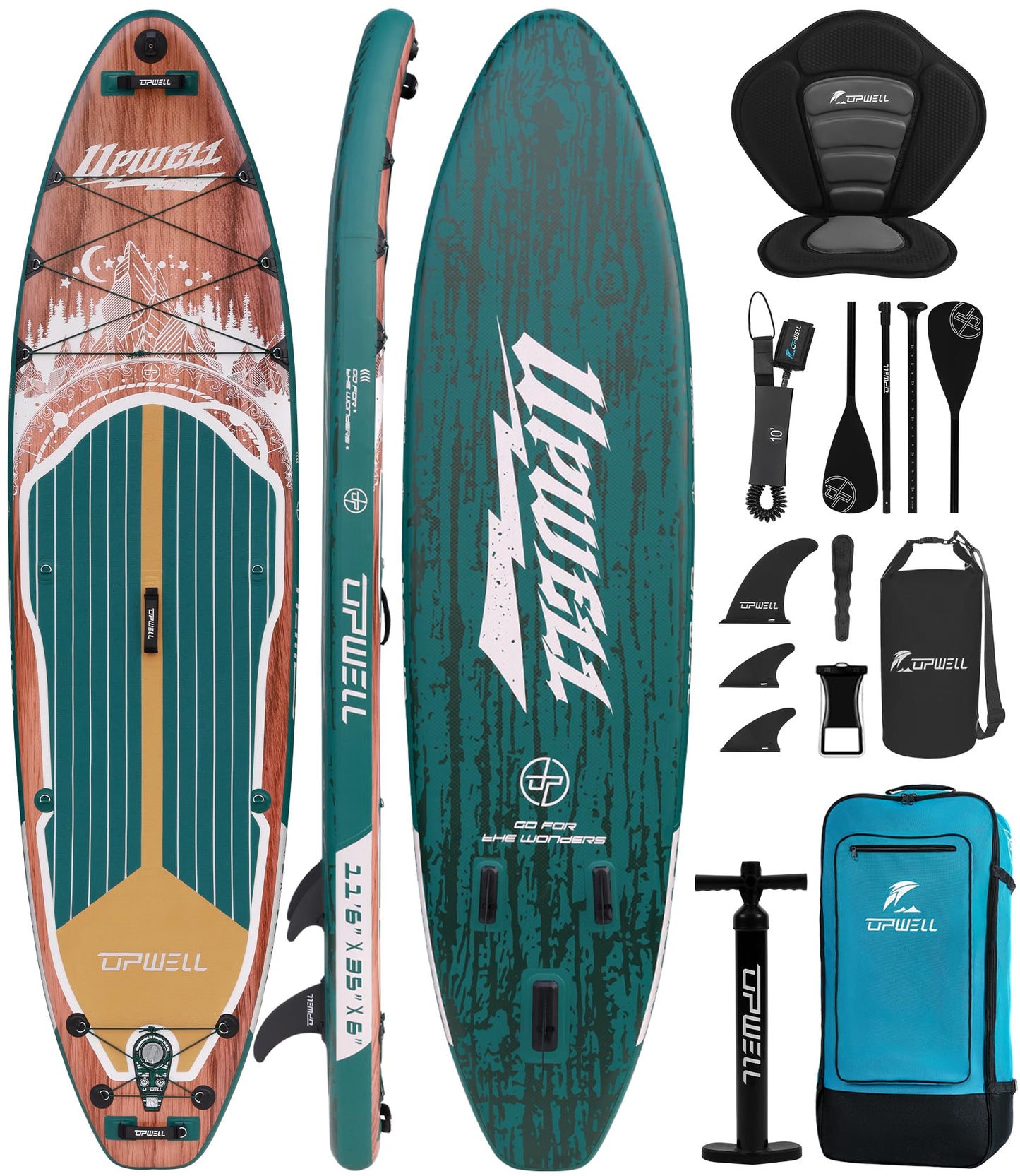 UPWELL 11'6"×35" Extra Wide Inflatable Paddle Board, Stand Up Paddle Board with Kayak Seat, Sup Paddle Boards for Adults, Sequoia Green