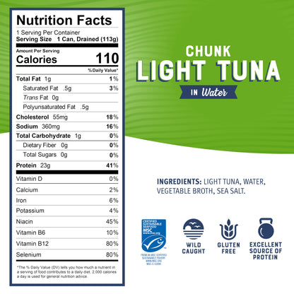 Bumble Bee Chunk Light Tuna In Water, 5 oz Cans (Pack of 24) - Wild Caught Skipjack Tuna - 23g Protein Per Serving - MSC Certified Sustainable Seafood, Non-GMO, Gluten Free, Kosher