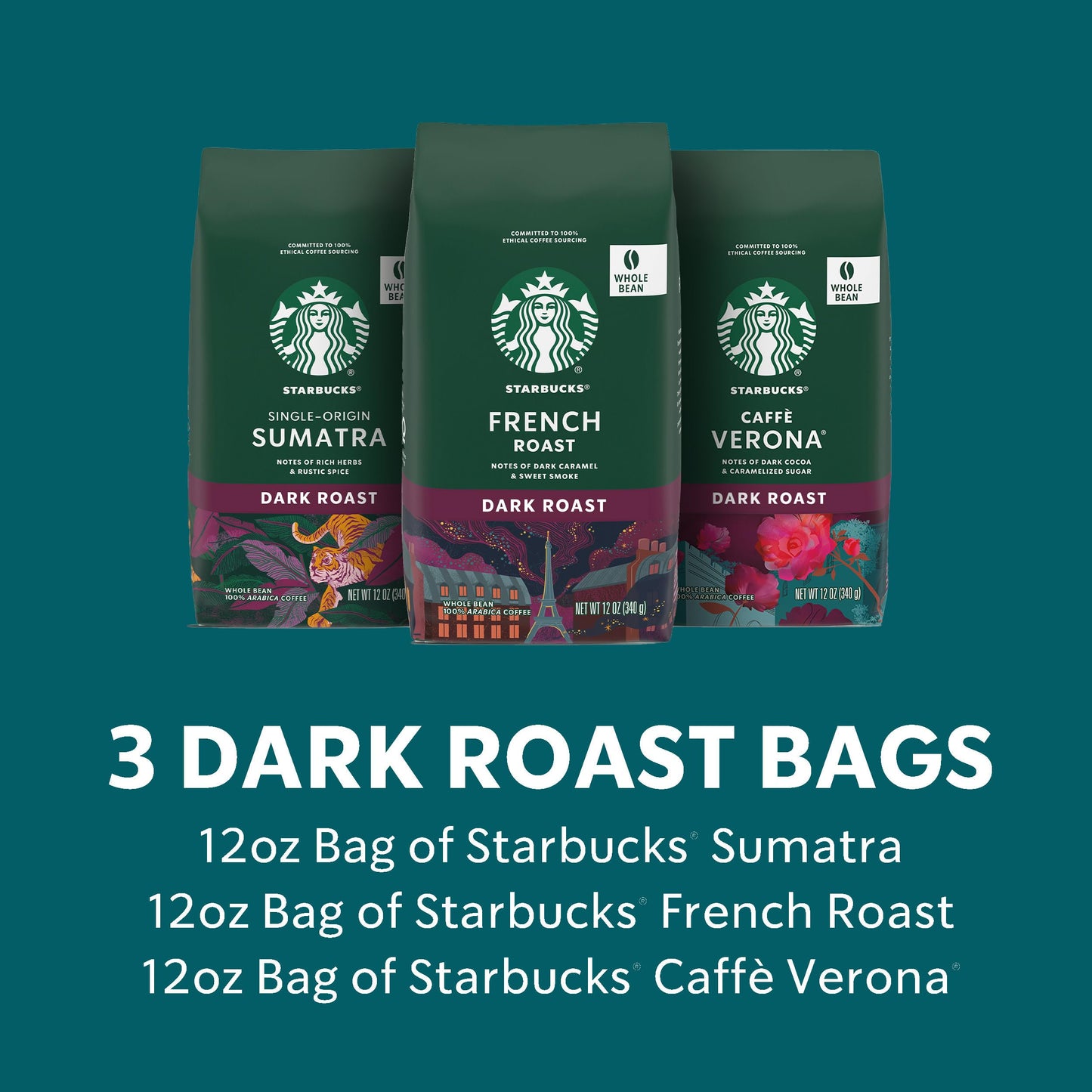 Starbucks Dark Roast Ground Coffee, Variety Pack, 3 bags (12 oz each)