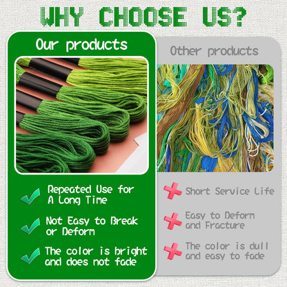 Dercuy 25 Skeins Green Series Cross Floss Stitch Thread, 8m Cotton Embroidery Floss Set with Plastic Bobbins & Needle