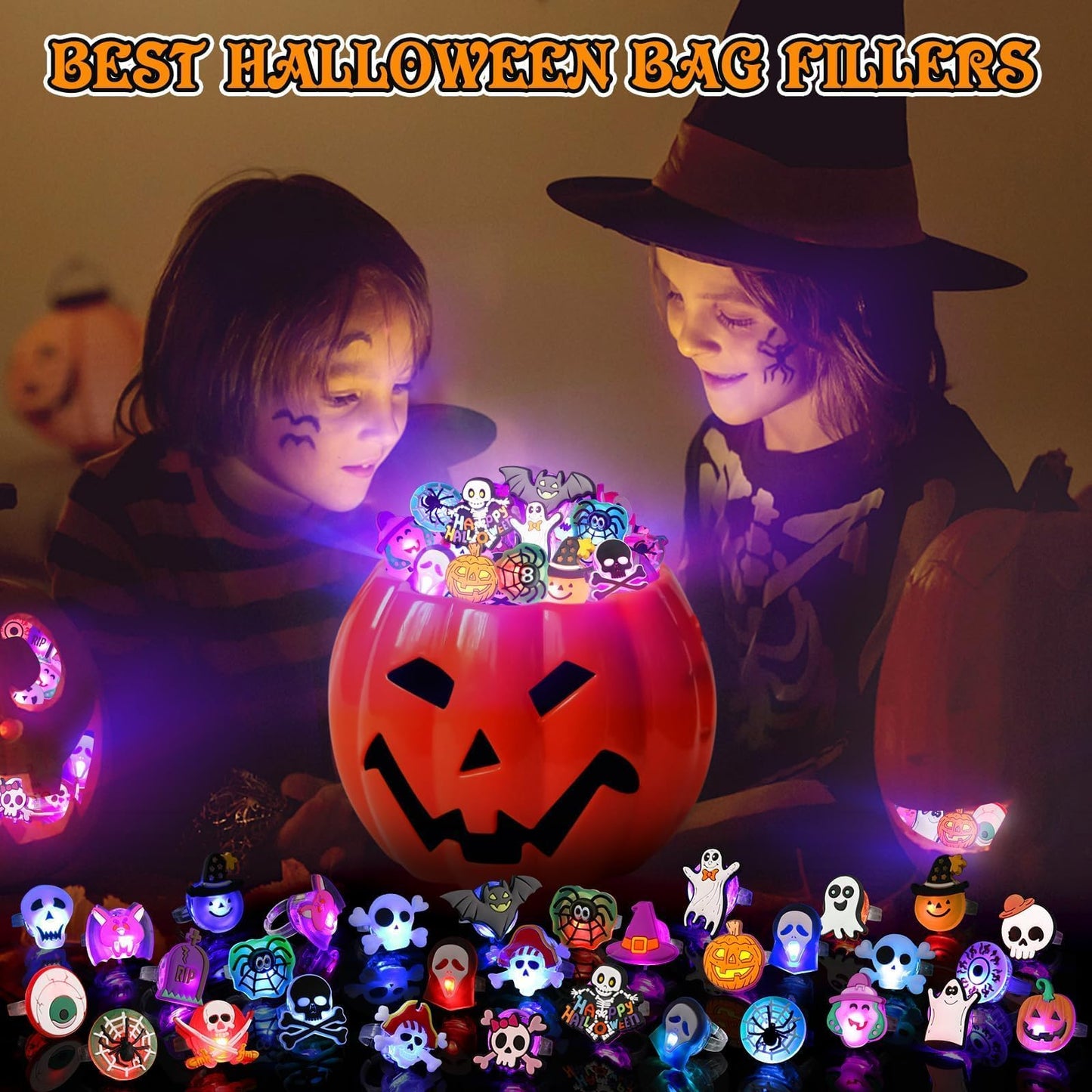 Coluans Halloween Party Favors for Kids Adults 50Pcs Gifts Halloween Treats LED Light Up Rings Flash Rings Glow In The Dark Party Supplies Goodie Non Candy Bag Filler Prizes Decorations NEW VERSION