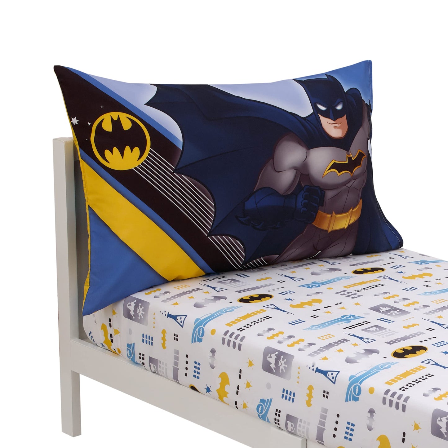 Warner Brothers Batman The Caped Crusader Blue, Gray, and Yellow Bat-Signal and Batmobile 2 Piece Toddler Sheet Set - Fitted Bottom Sheet and Reversible Pillowcase