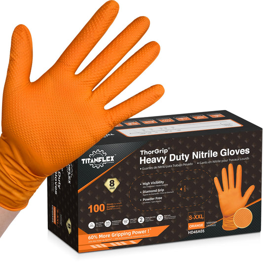 TitanFlex ThorGrip Heavy Duty Industrial Orange Nitrile Gloves, 8-mil, Gloves Disposable Latex Free with Raised Diamond Texture Grip, Powder Free, Rubber Gloves, Mechanic Gloves,100-ct Box (XL)