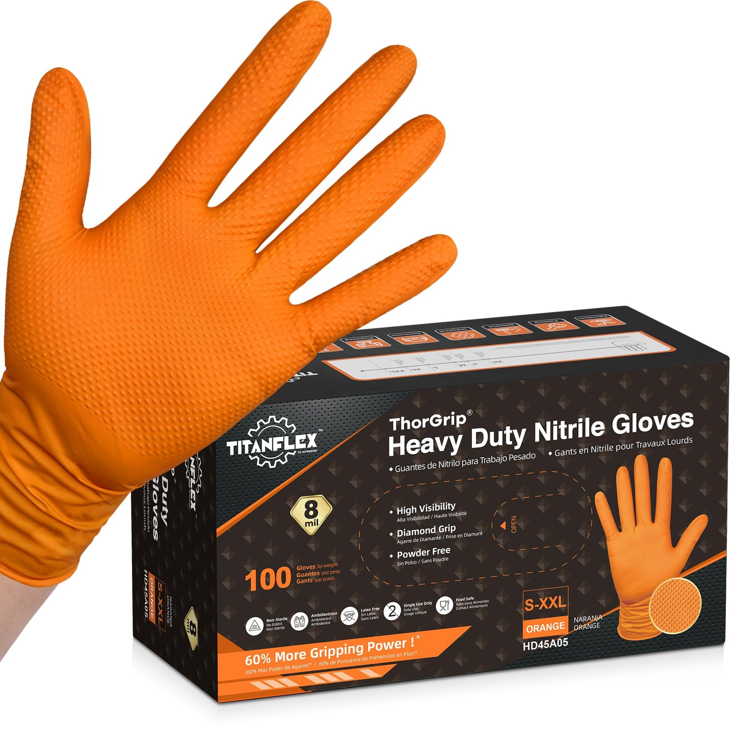 TitanFlex ThorGrip Heavy Duty Industrial Orange Nitrile Gloves, 8-mil, Gloves Disposable Latex Free with Raised Diamond Texture Grip, Powder Free, Rubber Gloves, Mechanic Gloves,100-ct Box (Large)