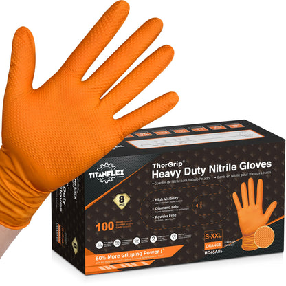 TitanFlex ThorGrip Heavy Duty Industrial Orange Nitrile Gloves, 8-mil, Gloves Disposable Latex Free with Raised Diamond Texture Grip, Powder Free, Rubber Gloves, Mechanic Gloves,100-ct Box (Large)