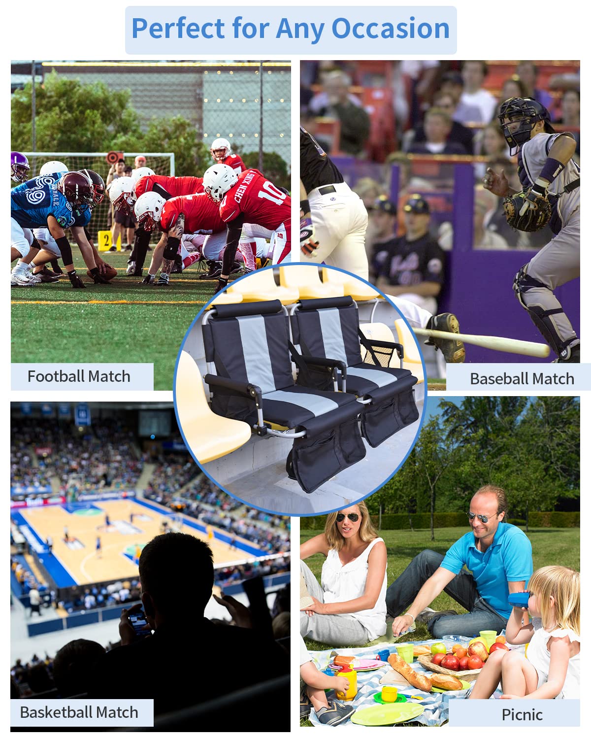 AOOXIMI Stadium Seat with Back Support, Portable Fording Bleacher Chair with Cushion and Armrest, Cup Holder, Mesh Bag and Hidden Hook, Football, Soccer