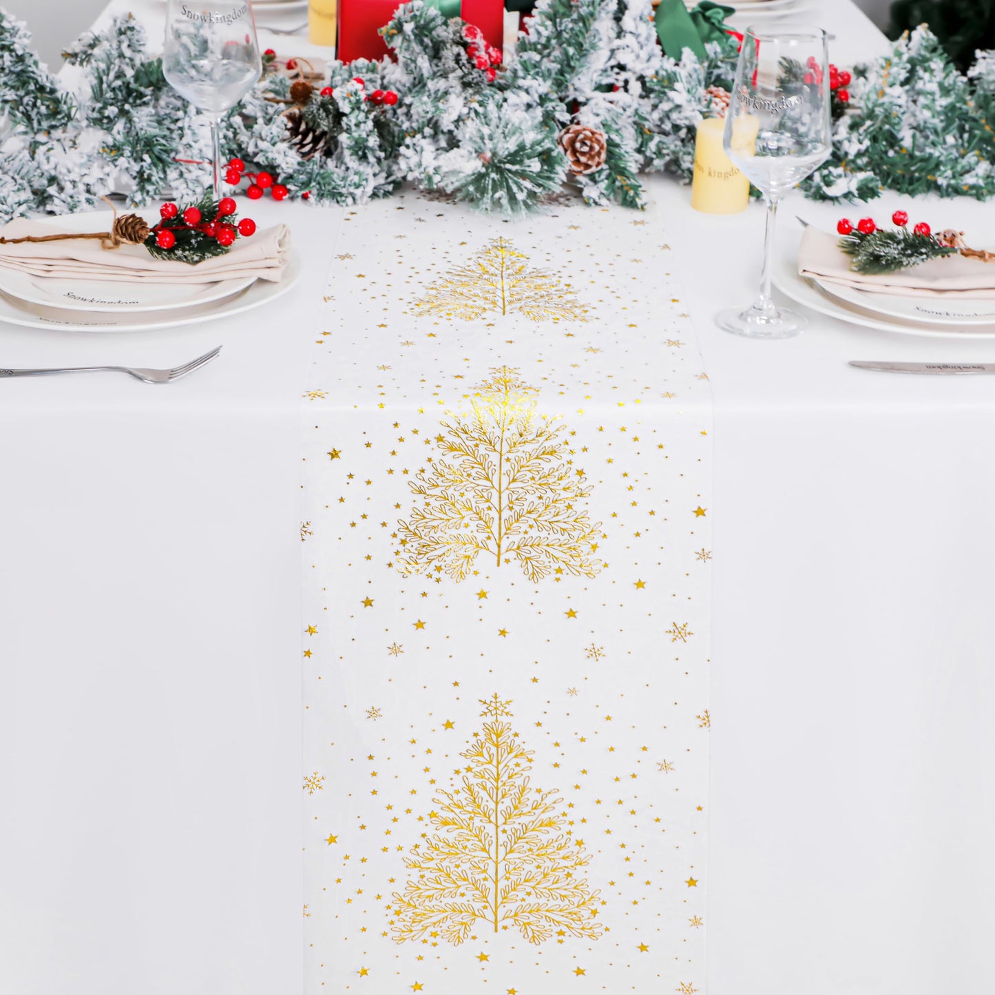Snowkingdom Gold Christmas Tree Table Runner Xmas Winter Snowflakes 120 Inch Sparkly Glitter Gold Mesh Runners Kitchen Dining Table Decorations for Seasonal Festival Holiday Indoor Outdoor Home Party