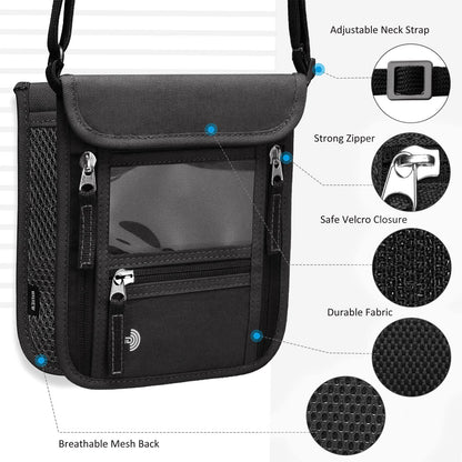 WALNEW Passport Holder Neck Pouch Travel Wallet for Women and Men, RFID Blocking Security Slim Traveling Wallet with Around Neck Lanyard Strap, Black