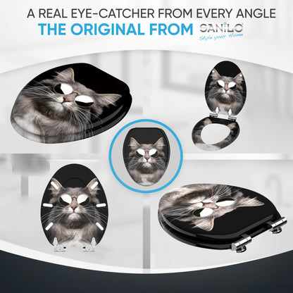 Sanilo Soft Close Toilet Seat ELONGATED, Quiet and Slow Close Lid and Seat, Strong Bumpers and Hinges (Cool Cat)