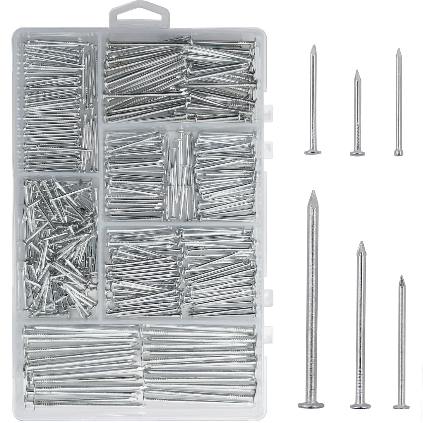 376pcs Premium Hardware Nails Assortment Kit, Maximum Length 2 Inches Galvanized, Picture Hanging, Wood, Wall With Storage Box | 6 Sizes
