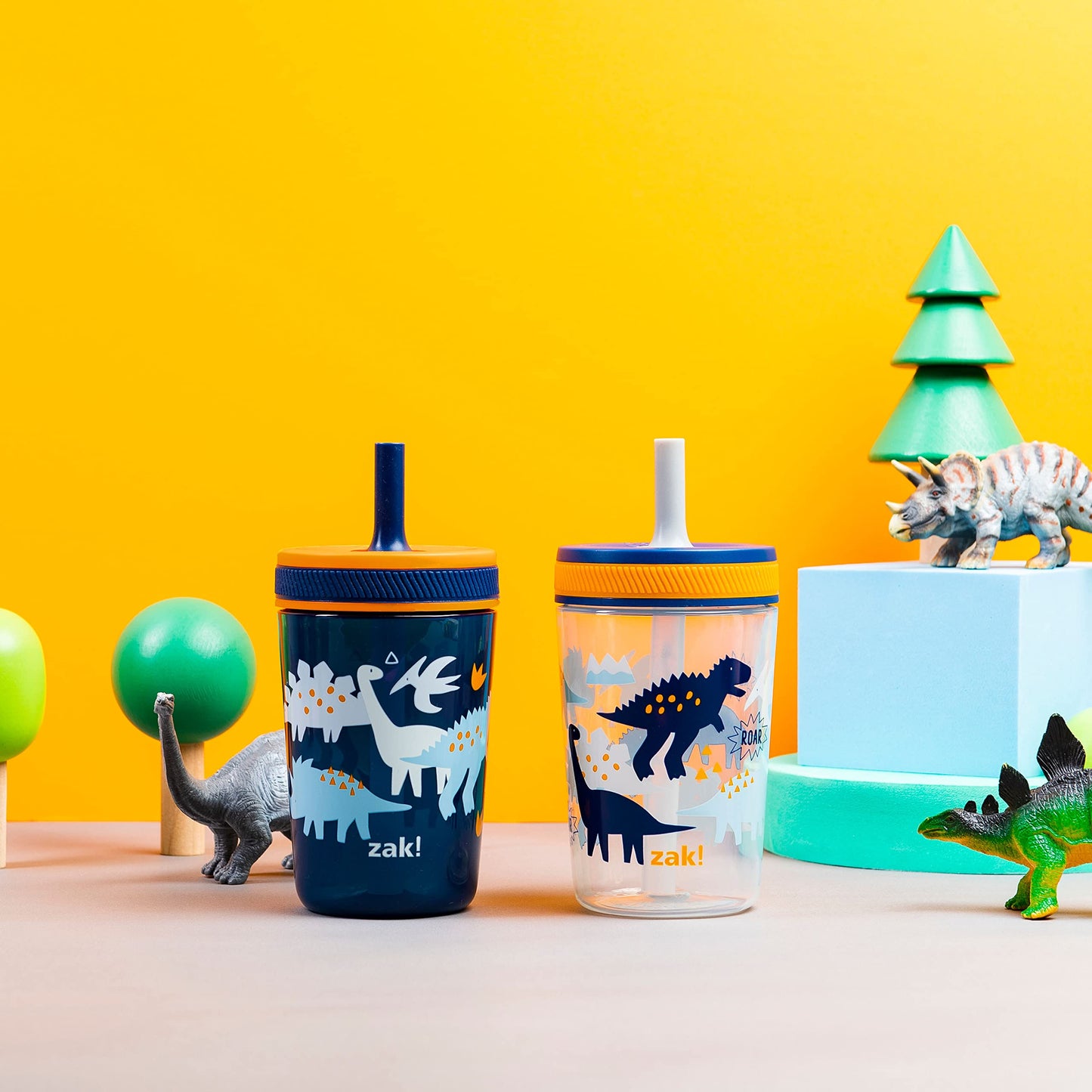 Zak Designs Kelso Toddler Cups For Travel or At Home, 15oz 2-Pack Durable Plastic Sippy Cups With Leak-Proof Design is Perfect For Kids (DinoRoar, Zaksaurus)