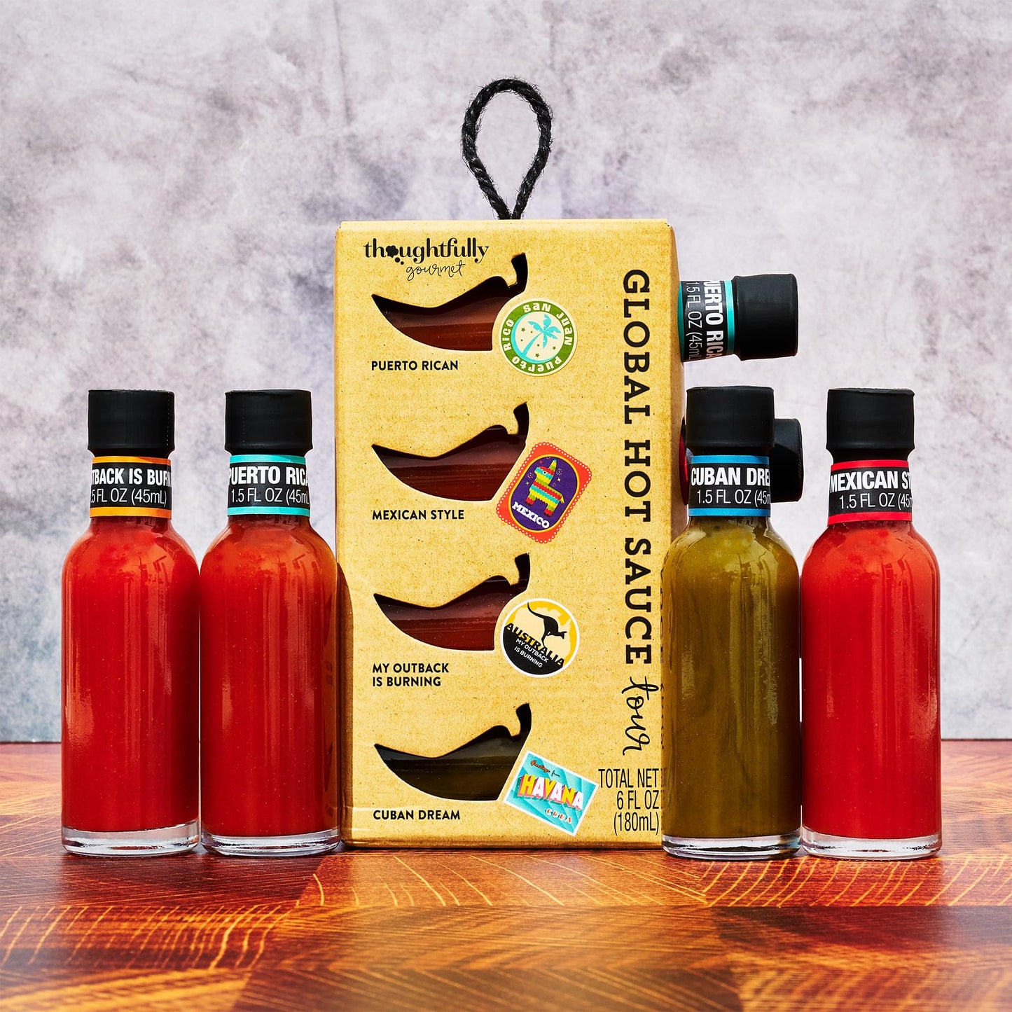 Thoughtfully Gourmet, Global Hot Sauce Gift Set, Internationally Inspired Flavors Include Puerto Rican Mango Habanero, Mexican Style Hot Sauce & More, Set of 4