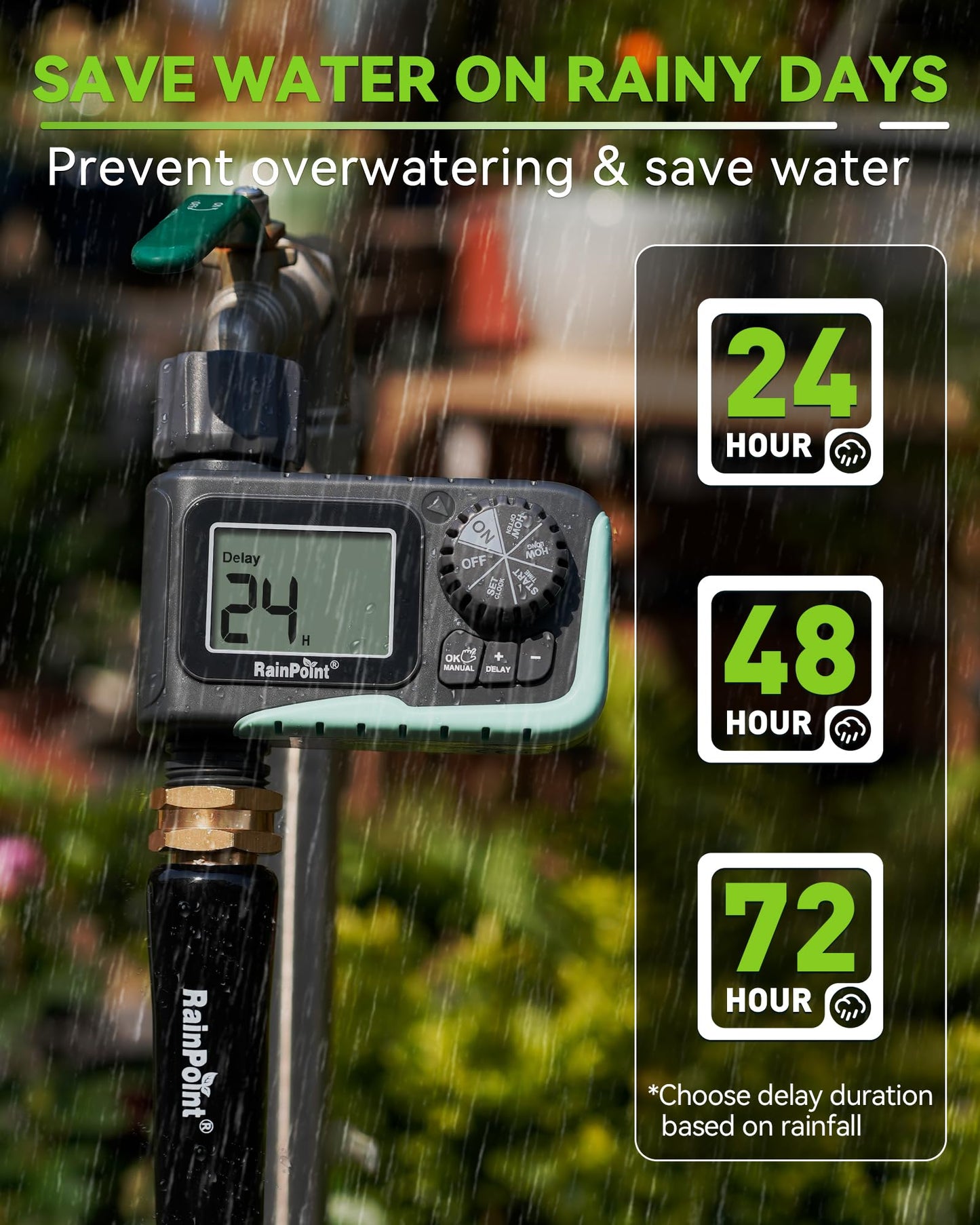 RAINPOINT Sprinkler Timer, Programmable Water Timer for Garden Hose, Outdoor Soaker Hose Timed with Rain Delay/Manual/Automatic Watering System, Digital Irrigation for Yard, Lawn, 1 Outlet