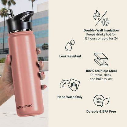 Retrospec Alder Insulated Water Bottle with Straw Lid & Handle Cap - Stainless Steel Wide Mouth Double-Wall Vacuum Insulated Thermos - BPA Free Leakproof Canteen - Melon, 22oz