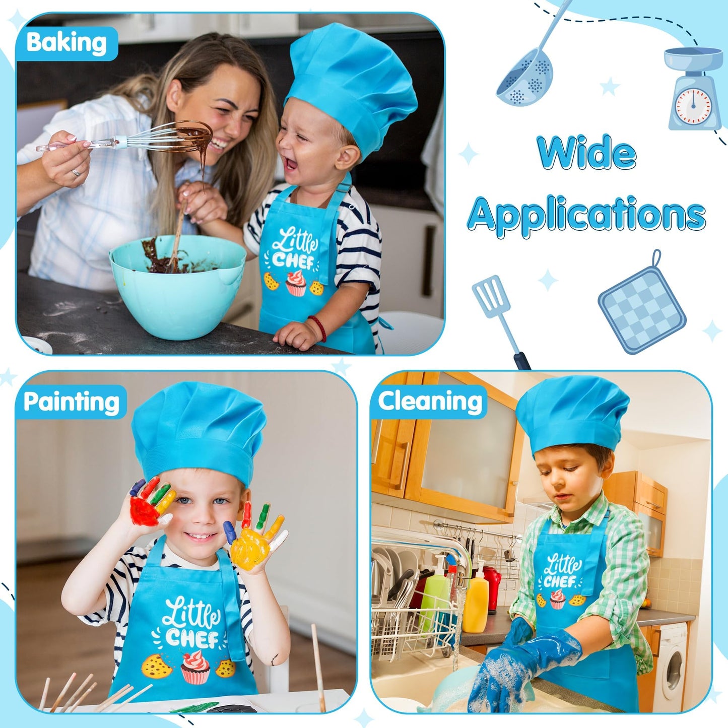 R HORSE 2 Pcs Kid Apron and Chef Hat Set, Adjustable Children Blue Kitchen Apron Cooking Baking Painting and Training Kits Dress up Role Play Chef Toy Kid Funny Cooking Gift New Year