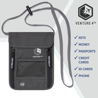 VENTURE 4TH Passport Holder Neck Wallet with RFID Blocking Nylon Lining - Hidden Neck Pouch for Travel (Gray)