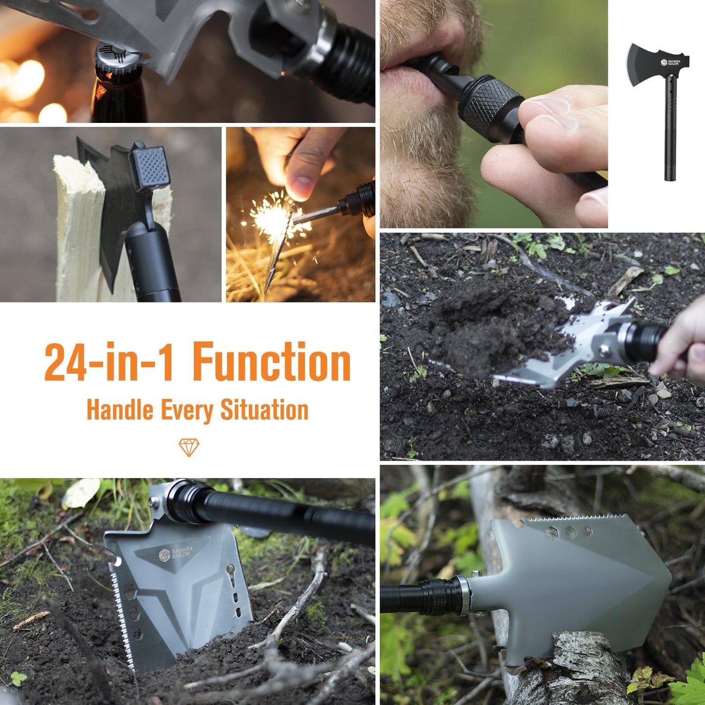 Sahara Sailor Survival Axe, Camping Folding Shovel with Hatchet with Large Shovel Head and 1.6-3.1 Ft Extented Handles, High Carbon Steel Survival Gear Equipment, Storage Bag Included