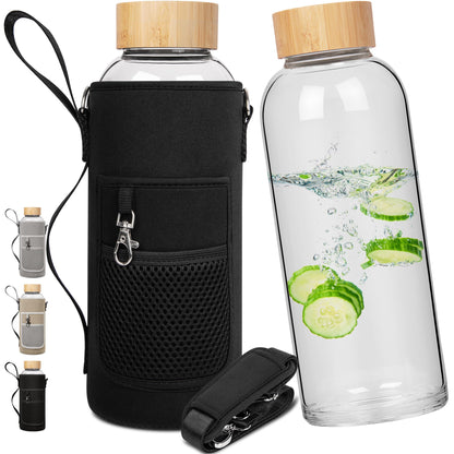 Ferexer 48 oz Sports Borosilicate Glass Water Bottle with Bamboo Lid with Neoprene Sleeve
