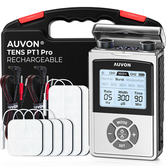AUVON Rechargeable Digital TENS Unit Muscle Stimulator with 600 mAh Battery, TENS Machine with 8 Customizable Modes, Electric Massager for Shoulder, Back Pain Relief, 6 TENS Pads, A Carry Case
