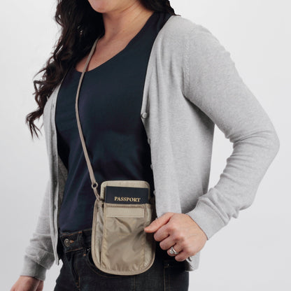 eagle creek RFID Blocker Neck Wallet - Durable and Lightweight Travel Passport and Valuables Organizer with Hook and Loop Closure and Adjustable Neck Strap, Tan