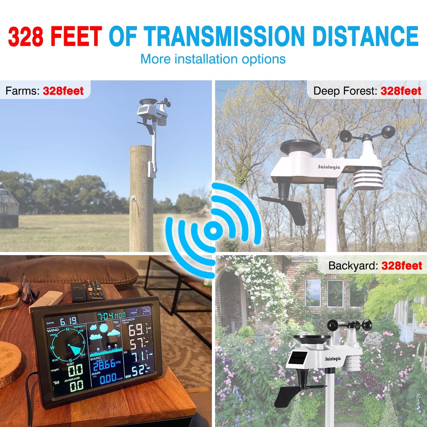 Sainlogic Wireless Weather Station with Outdoor Sensor, 8-in-1 Weather Station with Weather Forecast, Temperature, Air Pressure, Humidity, Wind Gauge, Rain Gauge, Moon Phrase, Alarm Clock (No WiFi)