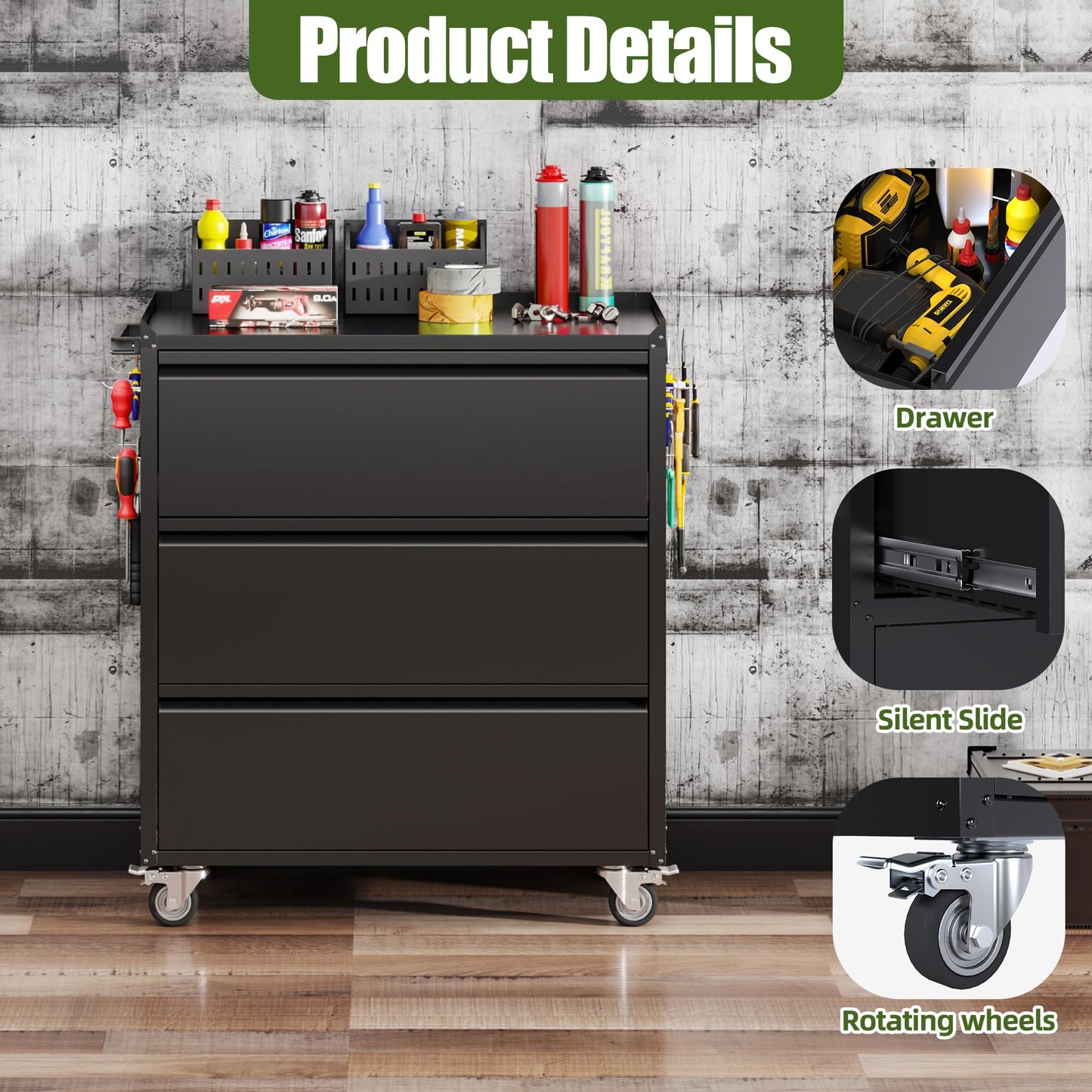 SUXXAN Metal Storage Cabinet with 3 Drawer and 4 Hooks,35.4" H Top Workbench Mobile Tool Chests Garage Cabinets with 4 Wheels,Tool Cabinets for Home,Office,Shop