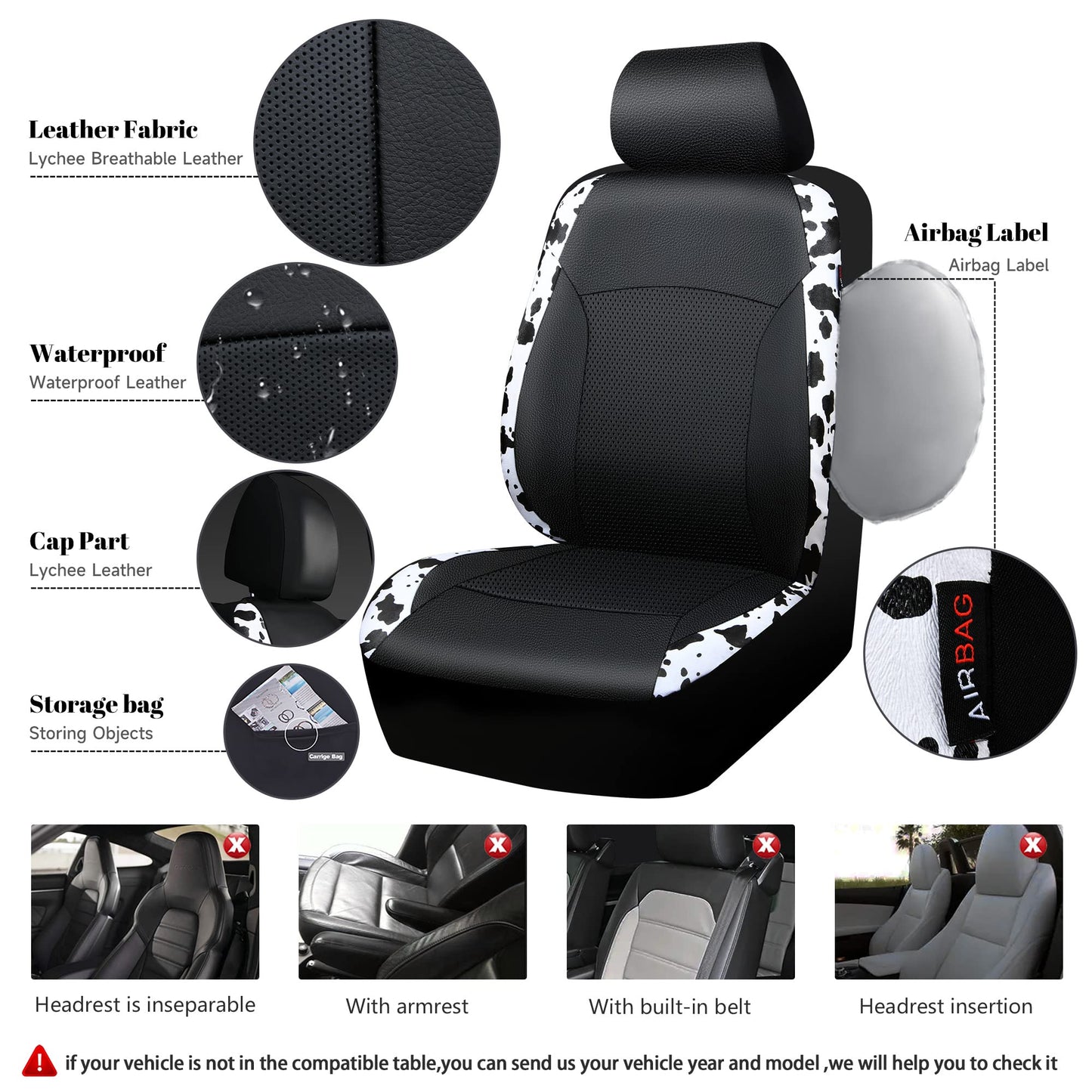 CAR-PASS Cow Print Car Accessories Sets Faux Leather Car Seat Covers & Cow Car Mats & Cow Steering Wheel Cover Seat Belt Pads Universal fit for SUV,Van,Saden,Truck Cute Automobile Interior Sets Women