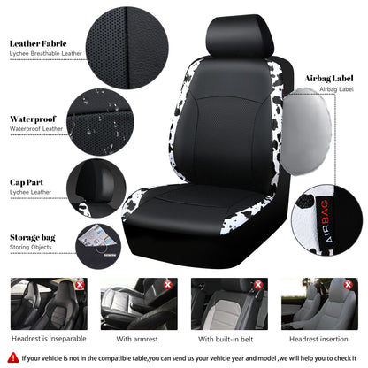 CAR-PASS Cow Print Car Accessories Sets Faux Leather Car Seat Covers & Cow Car Mats & Cow Steering Wheel Cover Seat Belt Pads Universal fit for SUV,Van,Saden,Truck Cute Automobile Interior Sets Women