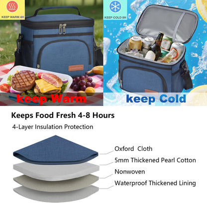 ExtraCharm Insulated Lunch Bag for Women/Men - Reusable Lunch Box for Office Picnic Hiking Beach - Leakproof Cooler Tote Bag Organizer with Adjustable Shoulder Strap for Adults - Blue
