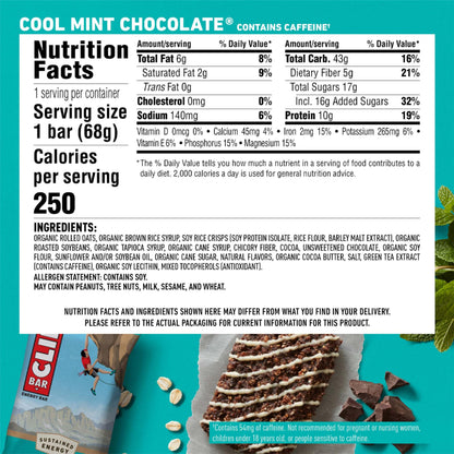CLIF BAR - Cool Mint Chocolate with Caffeine - Made with Organic Oats - 10g Protein - Non-GMO - Plant Based - Energy Bars - 2.4 oz. (6 Pack)
