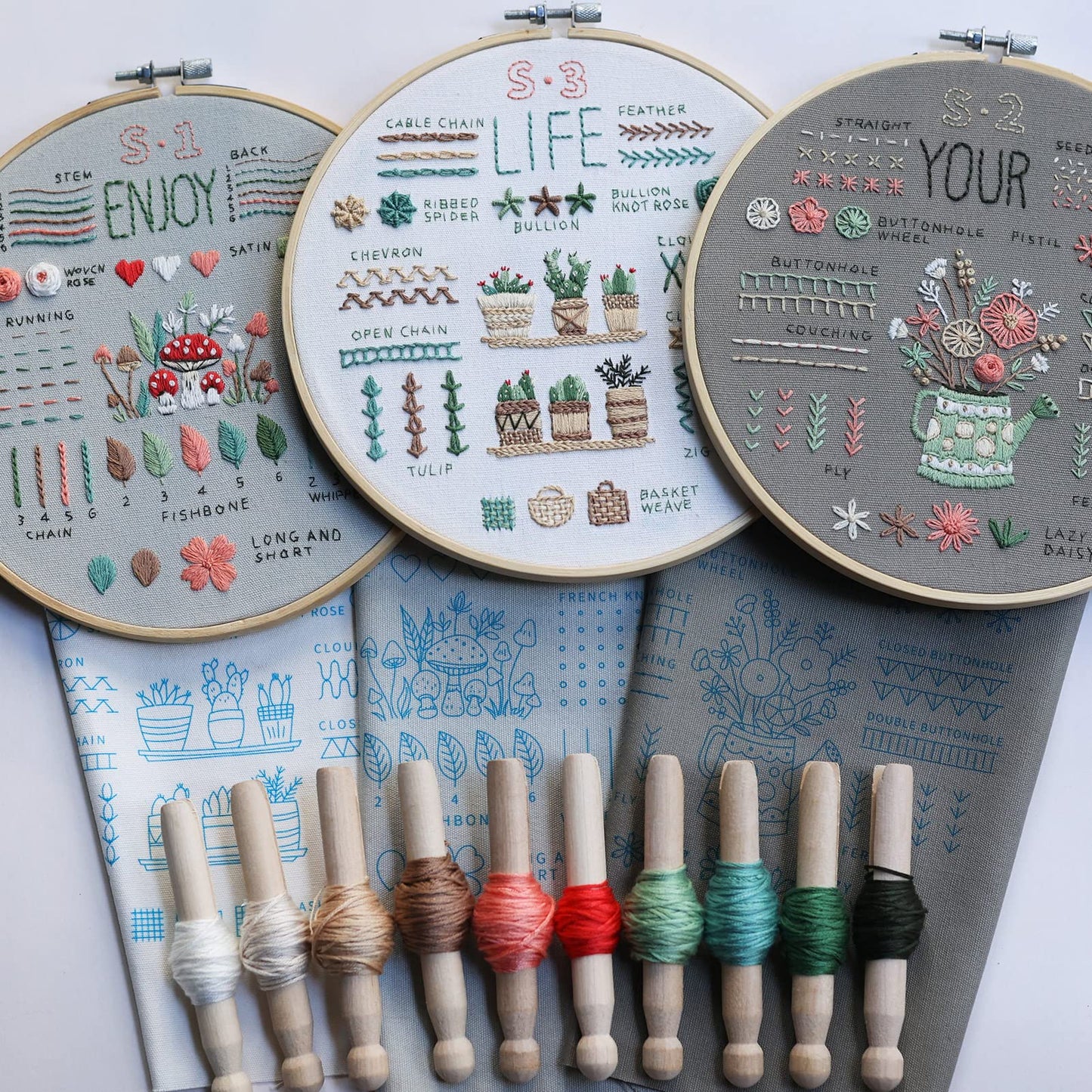 ETSPIL Embroidery Kit for Adult Beginners, 3-Pack 33-Stitch Practice Samplers, Pre-Stamped Patterns, 7.8-Inch Hoop, Threads & Needles, Step-by-Step Guide & Video, DIY Needlework Craft Gift for Women