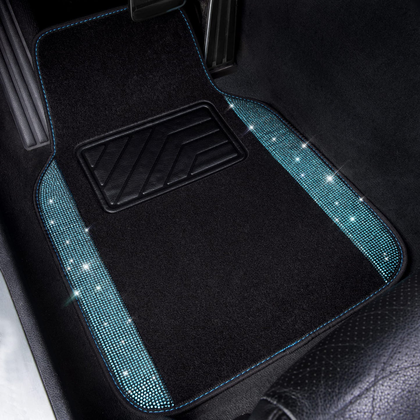 CAR PASS Bling Rhinestones Diamond Waterproof Car Floor Mat, Crystal Sparkly Shining Glitter Carpet, Anti-Slip PVC Heel Pad Universal for Interior Auto SUV,Sedan,Van,4pcs Girly Women Mint Teal Diamond