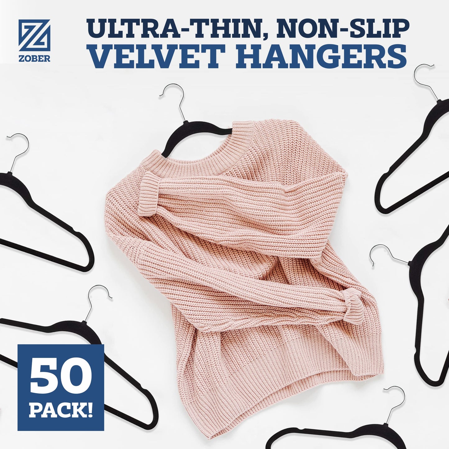 Zober Velvet Hangers 50 Pack - Black for Coats, Pants & Dress Clothes - Non Slip w/ 360 Degree Swivel, Holds up to 10 lbs - Strong Felt Hangers for Clothing