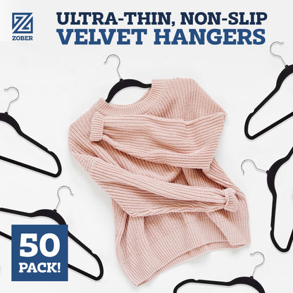 Zober Velvet Hangers 50 Pack - Black for Coats, Pants & Dress Clothes - Non Slip w/ 360 Degree Swivel, Holds up to 10 lbs - Strong Felt Hangers for Clothing